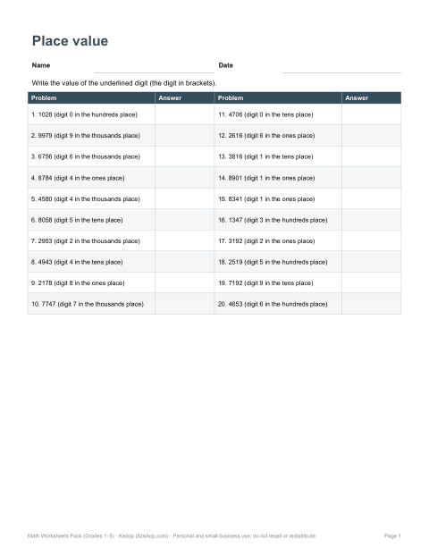 Preview of the first page of Place value