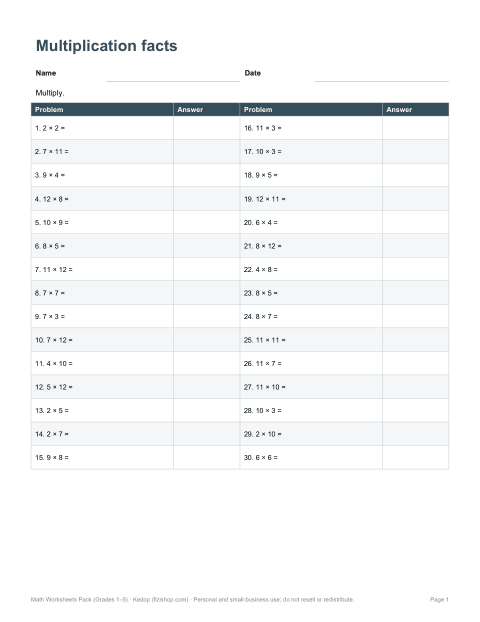 Preview of the first page of Multiplication facts