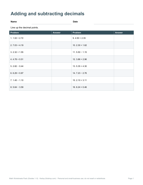 Preview of Printable Decimals Adding and Subtracting Worksheet