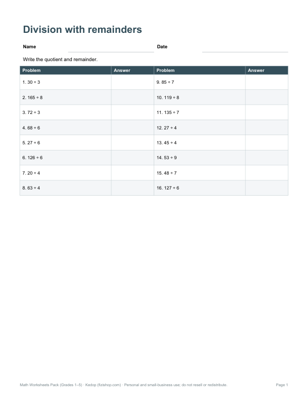 Preview of Printable Division With Remainders