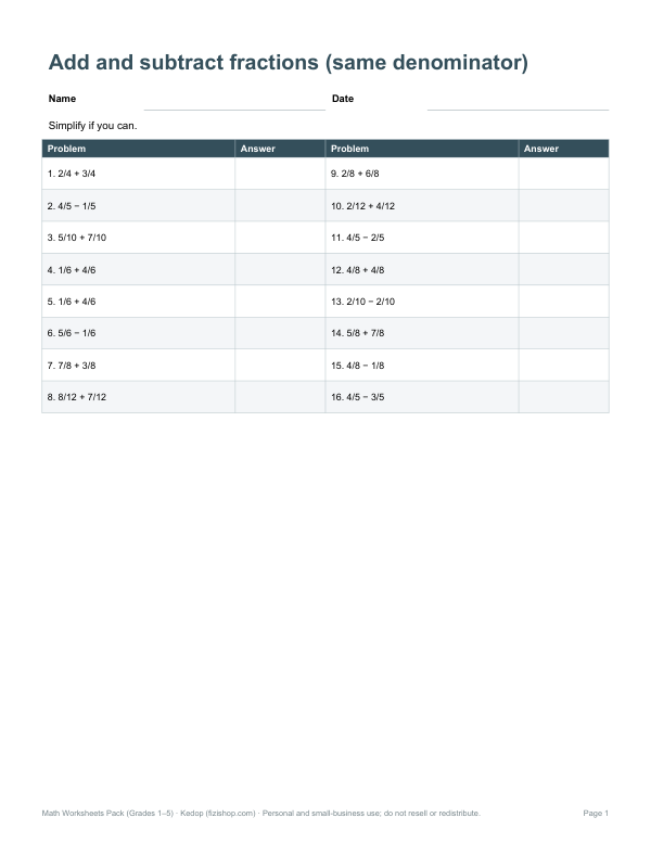 Preview of Printable Fractions Practice Sheet