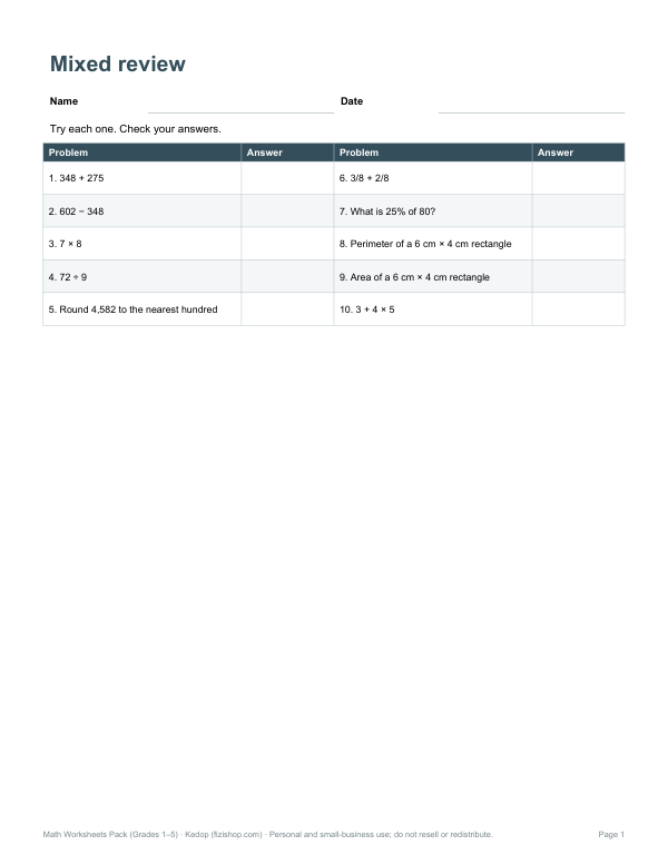 Preview of Printable Mixed Review Math Worksheet