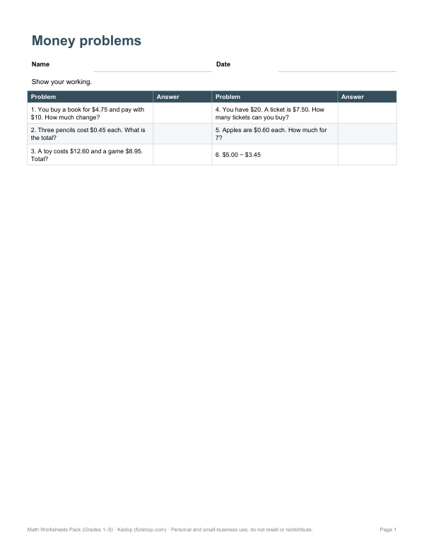 Preview of Printable Money Word Problems Worksheet