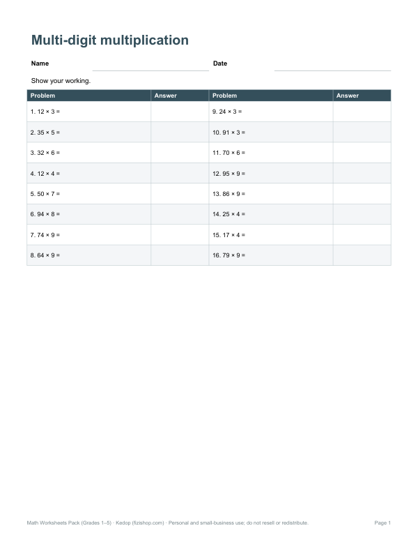 Preview of Multi-Digit Multiplication Worksheet