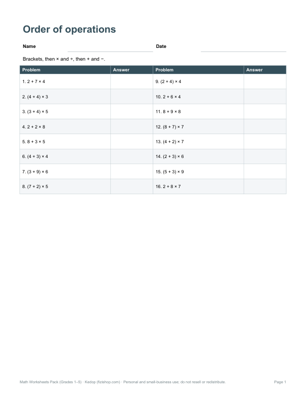 Preview of Printable Order of Operations Worksheet