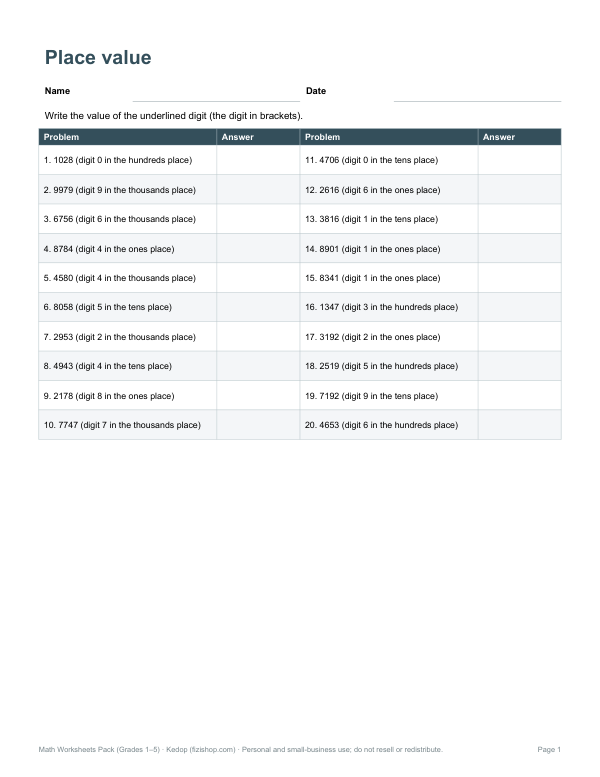 Preview of Printable Place Value Worksheet