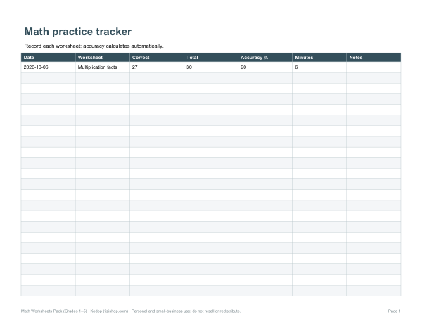 Preview of Printable Math Progress Tracker