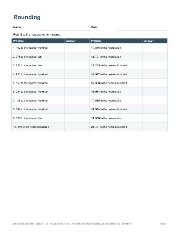 Preview of Printable Rounding Worksheet